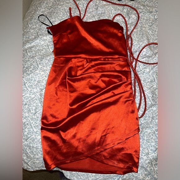Satin Lace-Back Mini Dress in orange size M - Picture 1 of 7